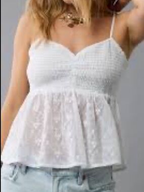 American Eagle Babydoll Smocked Cami Women M White Y2K Mesh Embroidered